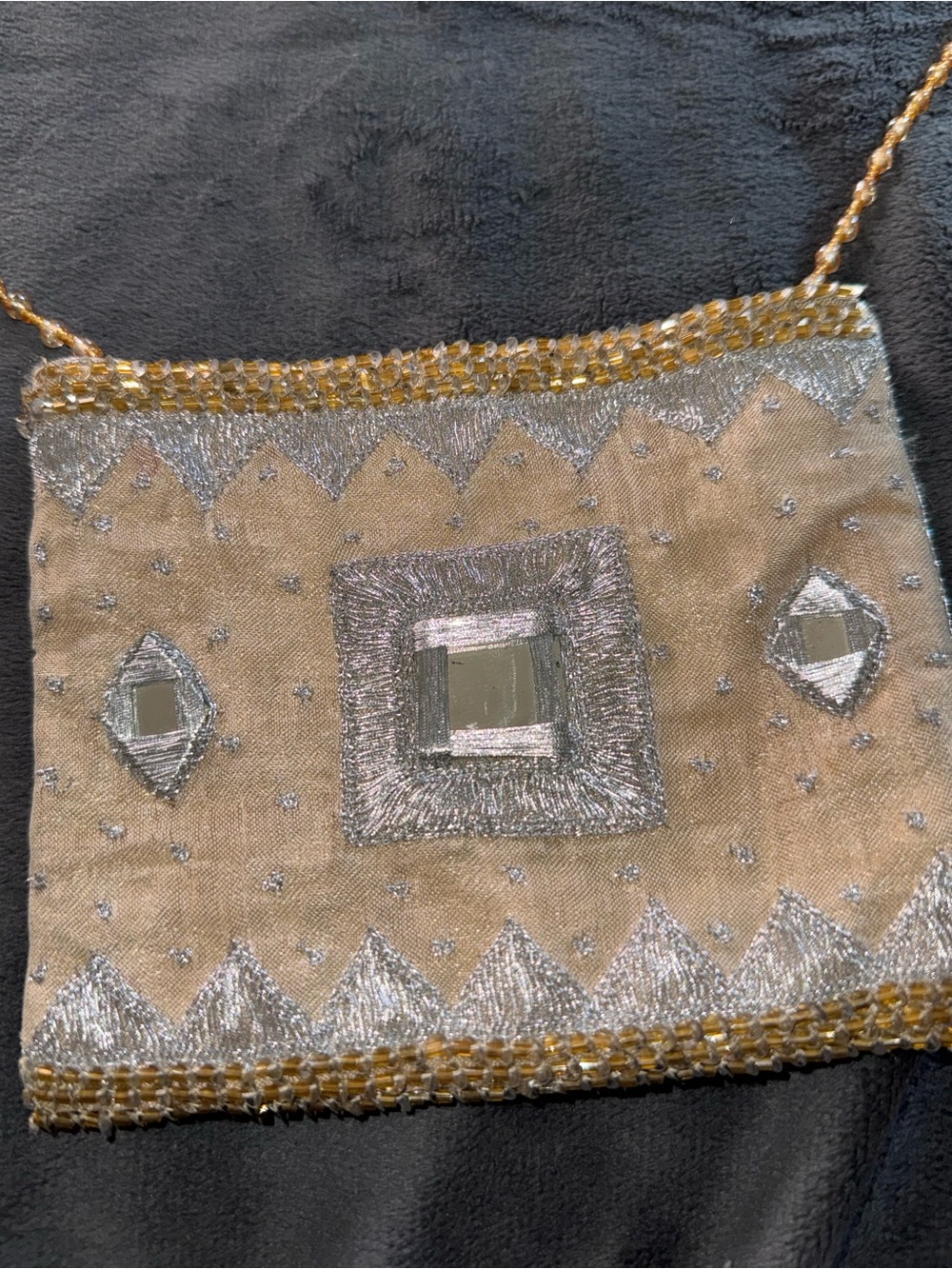 Moyna Beige Crossbody with Silver Mirrors and Gold Chain